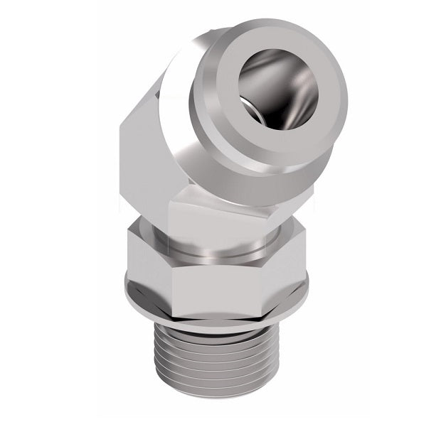 FF3038-0606S Aeroquip by Danfoss | Male SAE ORB to Female STC (Snap to Connect) 45° Elbow Adapter (FF) | -06 Male SAE O-Ring Boss x -06 Female STC | Steel