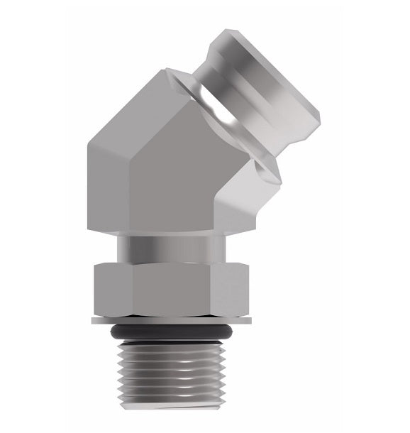 FF3065-1808S Aeroquip by Danfoss | Male ISO 6149 ORB (S-Series) to Female STC (Snap to Connect) 45° Elbow Adapter (FF) | M18 Male Metric O-Ring Boss x -08 Female STC | Steel