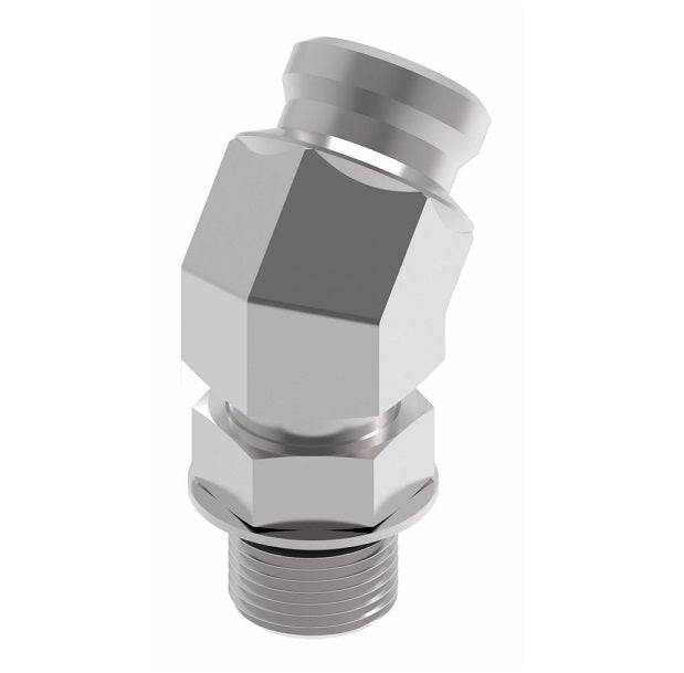 FF3065-1808S Aeroquip by Danfoss | Male ISO 6149 ORB (S-Series) to Female STC (Snap to Connect) 45° Elbow Adapter (FF) | M18 Male Metric O-Ring Boss x -08 Female STC | Steel