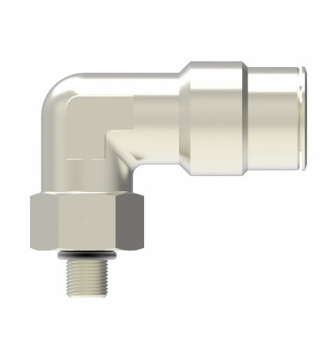 1169X4MX5MMS by Danfoss | Metric Push to Connect Adapter | Swivel Male 90° Elbow | 4mm Tube OD x M5 Male Metric | Nickel Plated Brass