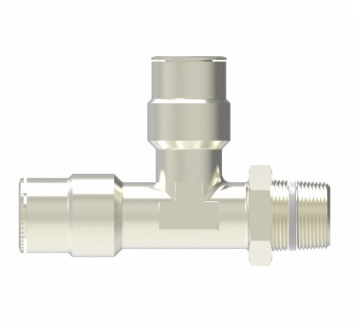 1171X8MX6PTS by Danfoss | Metric Push to Connect Adapter | Swivel Male Run Tee (Universal BSPT/BSPP) | 8mm Tube OD x 3/8" Male BSPT x 8mm Tube OD | Nickel Plated Brass