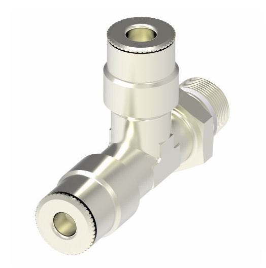 1171X4MX2PTS by Danfoss | Metric Push to Connect Adapter | Swivel Male Run Tee (Universal BSPT/BSPP) | 4mm Tube OD x 1/8" Male BSPT x 4mm Tube OD | Nickel Plated Brass
