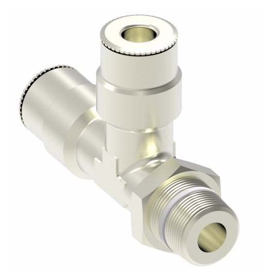 1171X6MX4PTS by Danfoss | Metric Push to Connect Adapter | Swivel Male Run Tee (Universal BSPT/BSPP) | 6mm Tube OD x 1/4" Male BSPT x 6mm Tube OD | Nickel Plated Brass