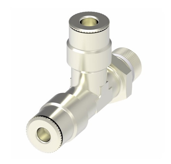 1171X2.5S by Danfoss | Push to Connect Adapter | Swivel Male Run Tee | 5/32" Tube OD x 1/8" Male NPTF x 5/32" Tube OD | Nickel Plated Brass
