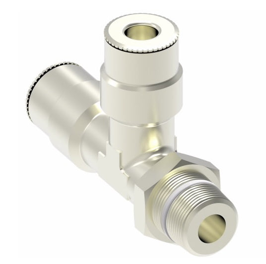 1171X2.5S by Danfoss | Push to Connect Adapter | Swivel Male Run Tee | 5/32" Tube OD x 1/8" Male NPTF x 5/32" Tube OD | Nickel Plated Brass