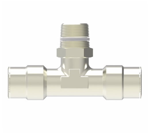 1172X8MX6PTS by Danfoss | Metric Push to Connect Adapter | Swivel Male Branch Tee (Universal BSPT/BSPP) | 8mm Tube OD x 8mm Tube OD x 3/8" Male BSPT Swivel | Nickel Plated Brass