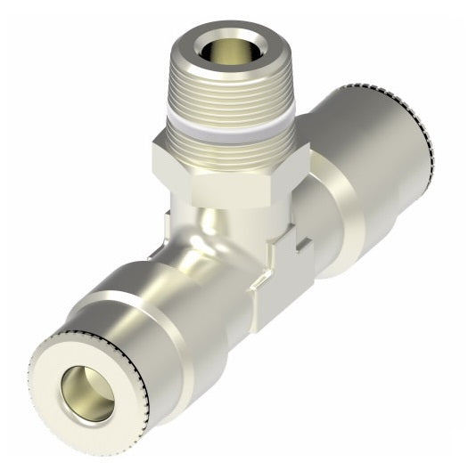 1172X6MX4PTS by Danfoss | Metric Push to Connect Adapter | Swivel Male Branch Tee (Universal BSPT/BSPP) | 6mm Tube OD x 6mm Tube OD x 1/4" Male BSPT Swivel | Nickel Plated Brass