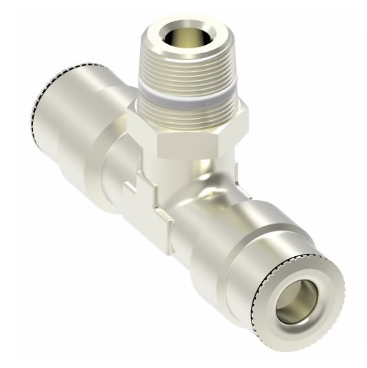 1172X6MX4PTS by Danfoss | Metric Push to Connect Adapter | Swivel Male Branch Tee (Universal BSPT/BSPP) | 6mm Tube OD x 6mm Tube OD x 1/4" Male BSPT Swivel | Nickel Plated Brass