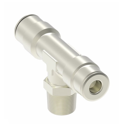 1172X2.5AS by Danfoss | Push to Connect Adapter | Swivel Male Branch Tee | 5/32" Tube OD x 5/32" Tube OD x 10-32 Male UNF | Nickel Plated Brass