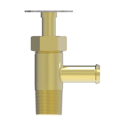 1433 by Danfoss | Drain Cock | Male Pipe to Hose Shut-Off | 90° Elbow | 3/4" Hose Barb x 3/8" Male NPTF | Brass