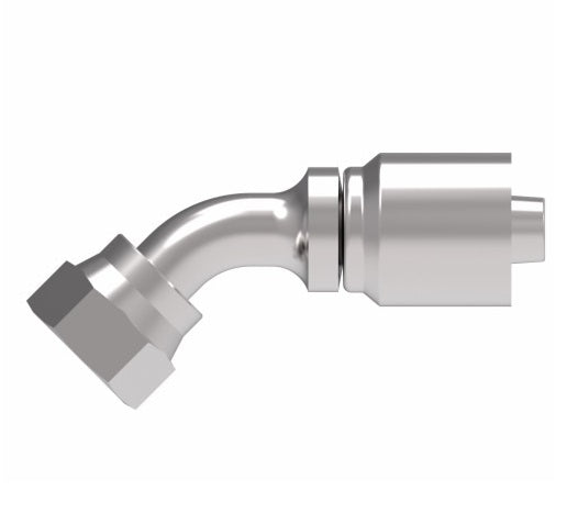 32706E-L66 Weatherhead by Danfoss | 327 'E' Series | Female ORS 45° Elbow Crimp Fitting | -06 Female O-Ring Face Seal x -06 Hose Barb | Steel