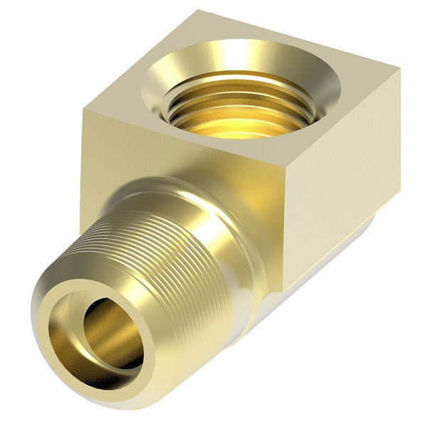 402X6 by Danfoss | Male NPTF/Inverted Flare 90° Elbow Adapter | 1/4" Male NPTF x 3/8" Female SAE Inverted Flare | Brass