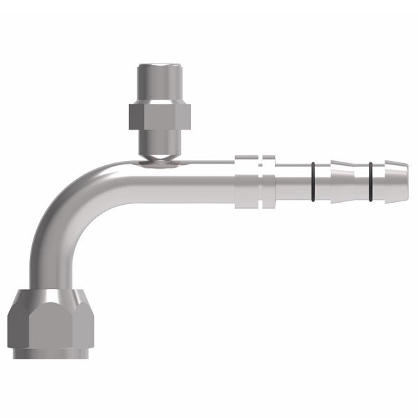 EJ3297-01-0808S E-Z Clip System by Danfoss | Female O-Ring 90° Elbow (Short Pilot) with Switch Port (M10 X 1.25) | A/C Refrigeration Fitting | -08 Female O-Ring Short Pilot x -08 Hose Barb | Steel