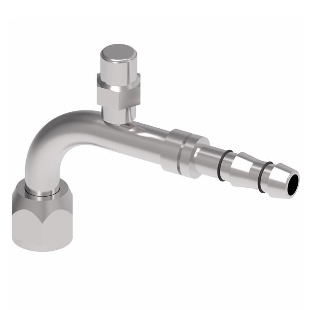 EJ3297-01-0808S E-Z Clip System by Danfoss | Female O-Ring 90° Elbow (Short Pilot) with Switch Port (M10 X 1.25) | A/C Refrigeration Fitting | -08 Female O-Ring Short Pilot x -08 Hose Barb | Steel