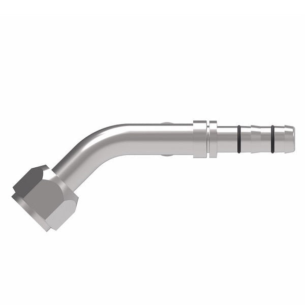 EJ3543-1010S E-Z Clip System by Danfoss | Female O-Ring 45° Elbow (Short Pilot) with R134a Low Side Port (Rotated 270°) | A/C Refrigeration Fitting | -10 Female O-Ring Short Pilot x -10 Hose Barb | Steel