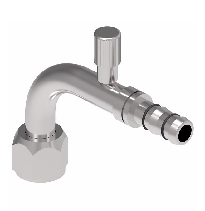 FJ3013-03-0808S E-Z Clip System by Danfoss | Female O-Ring 90° Elbow (Short Pilot) with R134a High Side Port | A/C Refrigeration Fitting | -08 Female O-Ring Short Pilot x -08 Hose Barb | Steel
