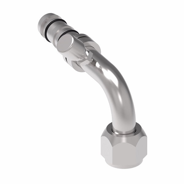 FJ3047-1012S E-Z Clip System by Danfoss | Female O-Ring 90° Elbow (Long Pilot) with Charge Port (7/16-20 thd) - 45° Port Rotation | A/C Refrigeration Fitting | -10 Female O-Ring Long Pilot x -12 Hose Barb | Steel