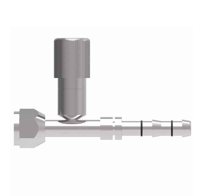 FJ3054-1012S E-Z Clip System by Danfoss | Female O-Ring (Short Pilot) with R134a Low Side Port | A/C Refrigeration Fitting | -10 Female O-Ring Short Pilot x -12 Hose Barb | Steel
