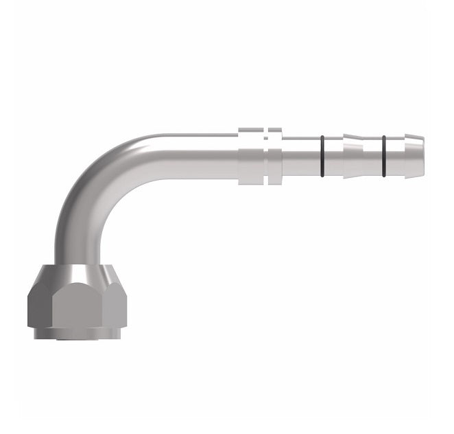 FJ3111-03-0806S E-Z Clip System by Danfoss | Female O-Ring (Long Pilot) Metric Thread 90° Elbow | A/C Refrigeration Fitting | M20 Female O-Ring Long Pilot x -06 Hose Barb | Steel