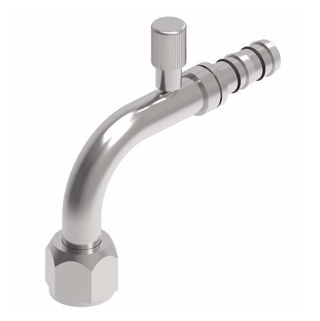 FJ3112-03-0806S E-Z Clip System by Danfoss | Female O-Ring (Long Pilot) Metric Thread with High Side Charge Port (R134a) 90° Elbow | A/C Refrigeration Fitting | M20 Female O-Ring Long Pilot x -06 Hose Barb | Steel