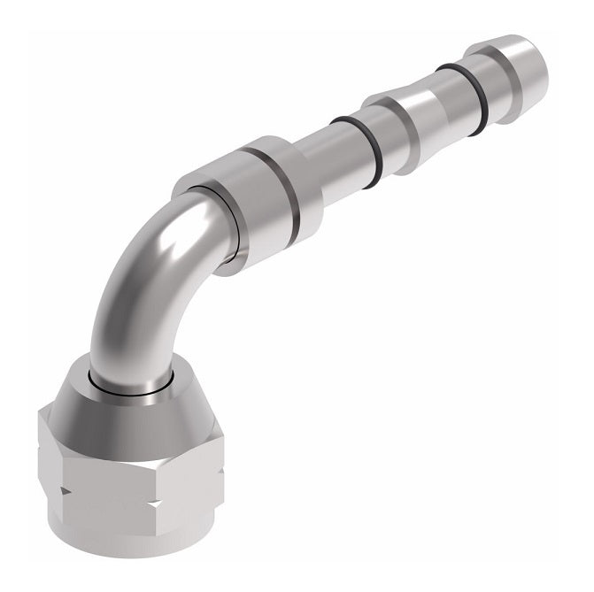 FJ3149-02-0608S E-Z Clip System by Danfoss | Female SAE 45° Flare 90° Elbow | A/C Refrigeration Fitting | -06 Female SAE 45° Flare x -08 Hose Barb | Steel