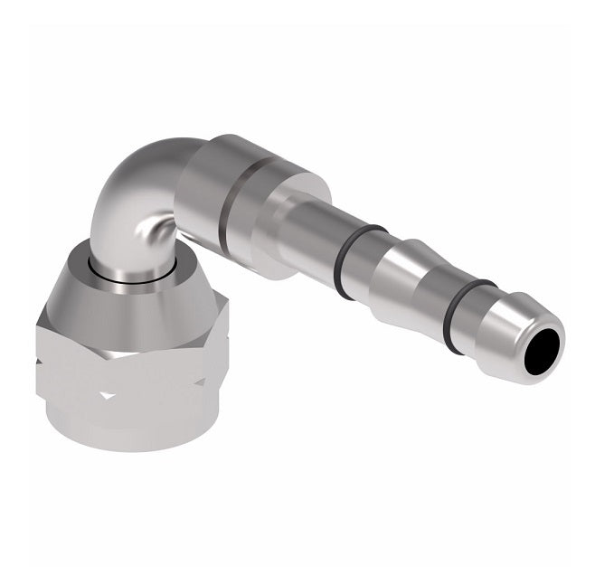 FJ3149-04-1010S E-Z Clip System by Danfoss | Female SAE 45° Flare (Universal) 90° Elbow | A/C Refrigeration Fitting | -10 Female SAE 45° Flare x -10 Hose Barb | Steel