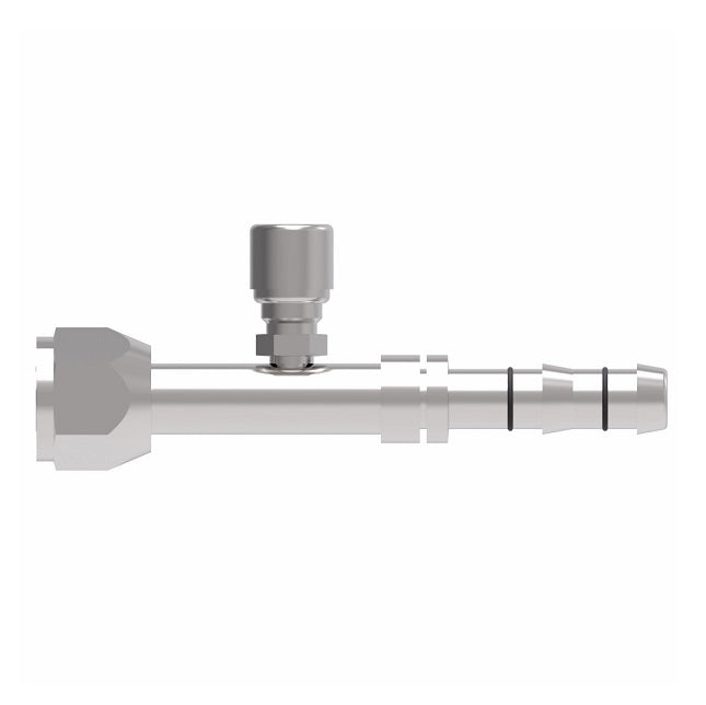 FJ3162-1212S E-Z Clip System by Danfoss | Female O-Ring (Long Pilot) with Switch Port (7/16-20 thd) | A/C Refrigeration Fitting | -12 Female O-Ring Long Pilot x -12 Hose Barb | Steel