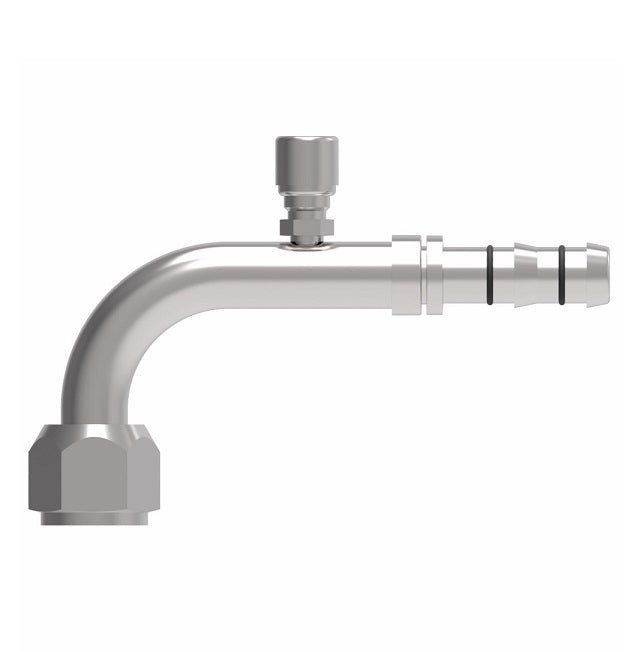 FJ3163-02-1212S E-Z Clip System by Danfoss | Female O-Ring 90° Elbow (Short Pilot) with Charge Port (7/16-20 thd) | A/C Refrigeration Fitting | -12 Female O-Ring Short Pilot x -12 Hose Barb | Steel
