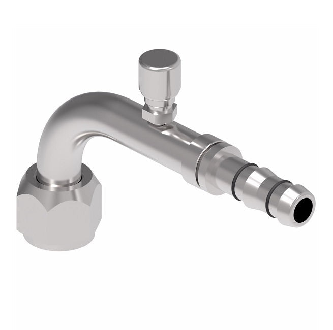 FJ3163-02-1212S E-Z Clip System by Danfoss | Female O-Ring 90° Elbow (Short Pilot) with Charge Port (7/16-20 thd) | A/C Refrigeration Fitting | -12 Female O-Ring Short Pilot x -12 Hose Barb | Steel