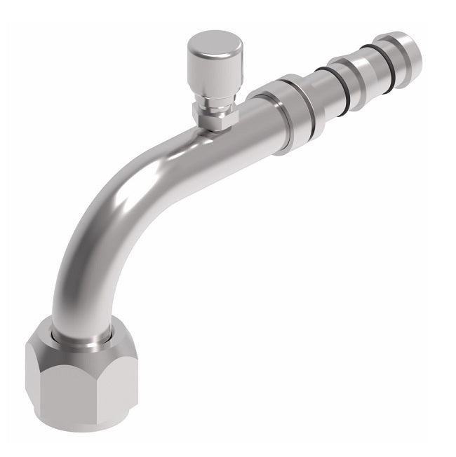 FJ3163-02-1212S E-Z Clip System by Danfoss | Female O-Ring 90° Elbow (Short Pilot) with Charge Port (7/16-20 thd) | A/C Refrigeration Fitting | -12 Female O-Ring Short Pilot x -12 Hose Barb | Steel