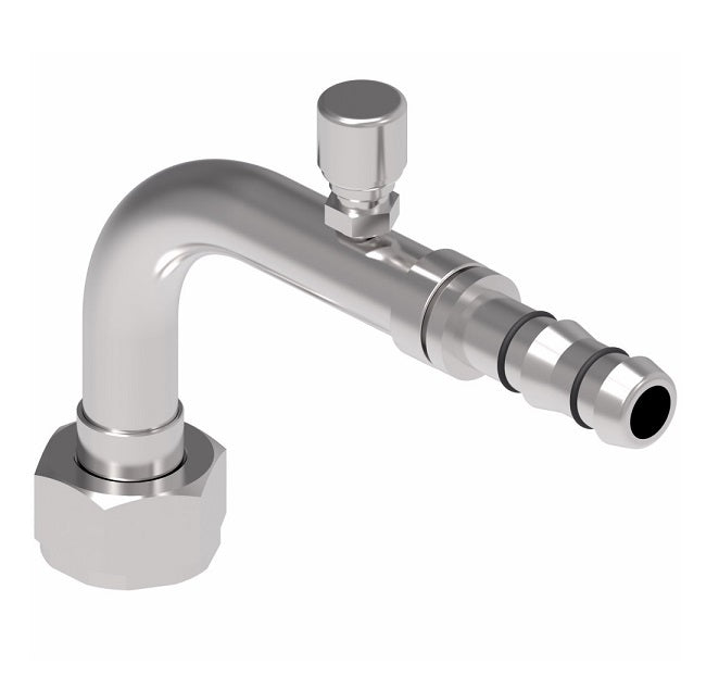 FJ3226-1010S E-Z Clip System by Danfoss | Female Rotalok with Switch Port (7/16-20 thread) 90° Elbow | A/C Refrigeration Fitting | -10 Female Rotalok x -10 Hose Barb | Steel