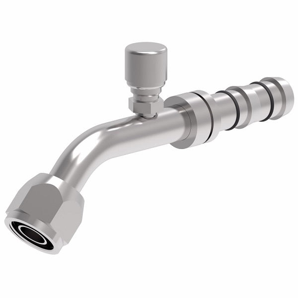 FJ3230-01-0810S E-Z Clip System by Danfoss | Female O-Ring 45° Elbow (Long Pilot) with Switch Port (7/16-20 thd) | A/C Refrigeration Fitting | -08 Female O-Ring Long Pilot x -10 Hose Barb | Steel