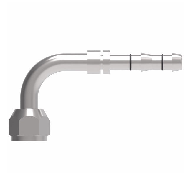 FJ3288-03-0806S E-Z Clip System by Danfoss | Female O-Ring 90° Elbow (Long Pilot) | A/C Refrigeration Fitting | -08 Female O-Ring Long Pilot x -06 Hose Barb | Steel