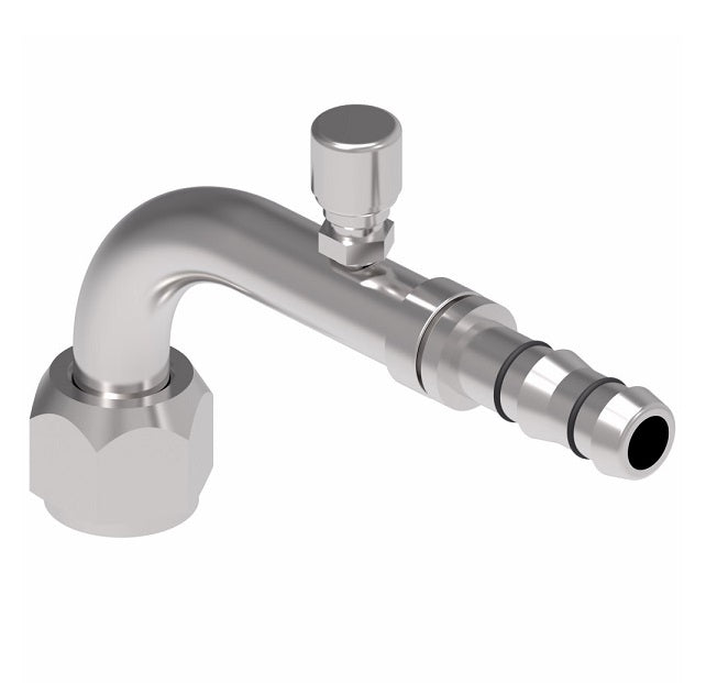 FJ3289-03-0606S E-Z Clip System by Danfoss | Female O-Ring 90° Elbow (Long Pilot) with Charge Port (7/16-20 thd) | A/C Refrigeration Fitting | -06 Female O-Ring Long Pilot x -06 Hose Barb | Steel