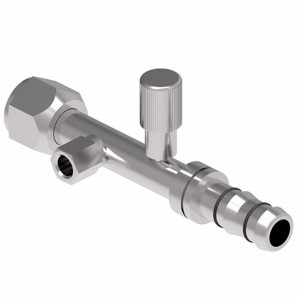 FJ3363-02-0810S E-Z Clip System by Danfoss | Female O-Ring (Short Pilot) with R134a High Side Port & Female Switch Connection (1/8-27 thd) | A/C Refrigeration Fitting | -08 Female O-Ring Short Pilot x -10 Hose Barb | Steel