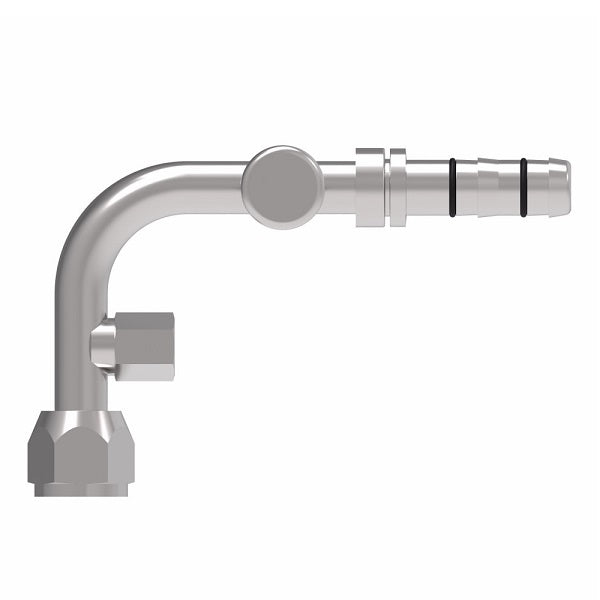 FJ3366-01-0810S E-Z Clip System by Danfoss | Female SAE with R134a C/Port & Switch Port (1/8-27 thd) 90° Elbow | A/C Refrigeration Fitting | -08 Female UNF x -10 Hose Barb | Steel