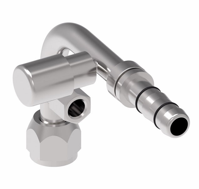 FJ3366-01-0810S E-Z Clip System by Danfoss | Female SAE with R134a C/Port & Switch Port (1/8-27 thd) 90° Elbow | A/C Refrigeration Fitting | -08 Female UNF x -10 Hose Barb | Steel
