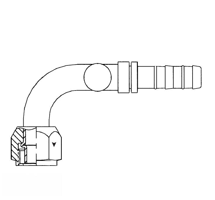FJ3444-1010S E-Z Clip System by Danfoss | Female O-Ring 90° Elbow (Long Pilot) with Charge Port (7/16-20 thd) - 90° Port Rotation | A/C Refrigeration Fitting | -10 Female O-Ring Long Pilot x -10 Hose Barb | Steel