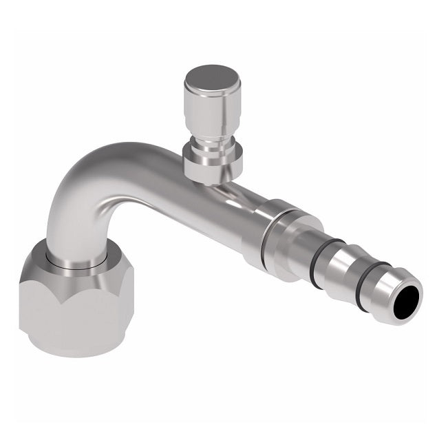 FJ3460-02-1012S E-Z Clip System by Danfoss | Female O-Ring 90° Elbow (Long Pilot) with Switch Port (M12 X 1.5) | A/C Refrigeration Fitting | -10 Female O-Ring Long Pilot x -12 Hose Barb | Steel