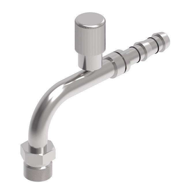 FJ3611-01-0808S E-Z Clip System by Danfoss | Male MIO (Male Insert O-Ring) 90° Elbow with R134a High Side Port | A/C Refrigeration Fitting | -08 Male MIO x -08 Hose Barb | Steel
