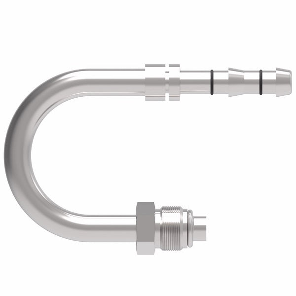 FJ3804-0606S E-Z Clip System by Danfoss | Male O-Ring (Short Pilot) 180° Elbow | A/C Refrigeration Fitting | -06 Male O-Ring Short Pilot x -06 Hose Barb | Steel