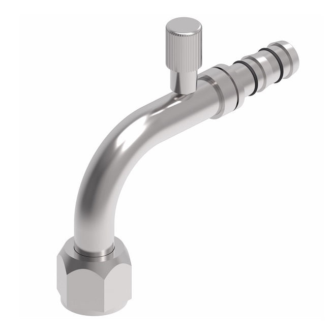 FJ3892-01-1010S E-Z Clip System by Danfoss | Female O-Ring (Long Pilot) with R134a Low Side Port (Metric Thread) 90° Elbow | A/C Refrigeration Fitting | M24 Female O-Ring Long Pilot x -10 Hose Barb | Steel