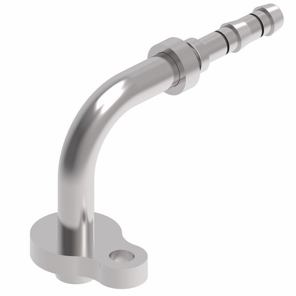 FJ3983-0806S E-Z Clip System by Danfoss | Pad Style Connection (Volvo) 90° Elbow (Pad Orientation 90°) | A/C Refrigeration Fitting | -08 Pad Style Connection x -06 Hose Barb | Steel