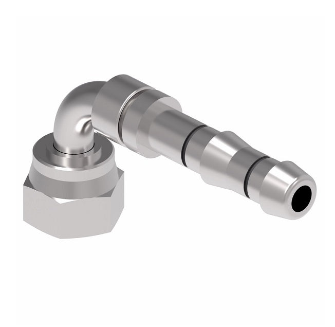 FJ5994-07-0806S E-Z Clip System by Danfoss | Female ORS Swivel 90° Elbow | A/C Refrigeration Fitting | -08 Female O-Ring Face Seal Swivel x -06 Hose Barb | Steel