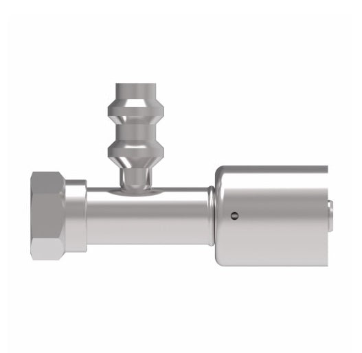 75712E-Z61 Weatherhead by Danfoss | 757 'E' Series | Female Bumped Tube O-Ring Swivel with R134a Low Service Port Crimp Fitting | -10 Female Bumped Tube O-Ring x -10 Hose Barb | Steel