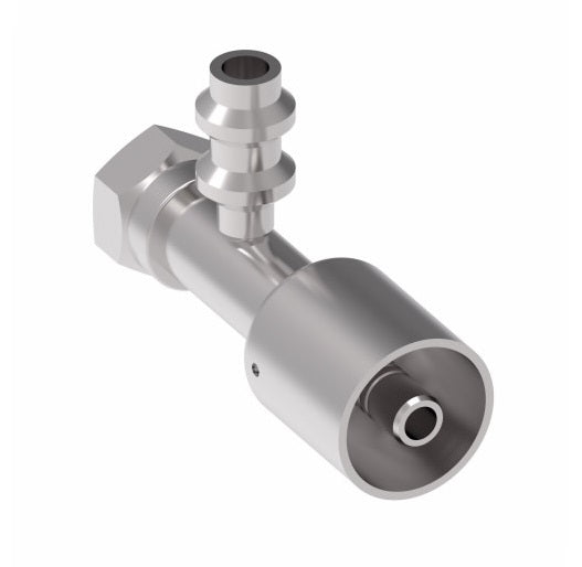 75710E-Z61 Weatherhead by Danfoss | 757 'E' Series | Female Bumped Tube O-Ring Swivel with R134a Low Service Port Crimp Fitting | -10 Female Bumped Tube O-Ring x -08 Hose Barb | Steel