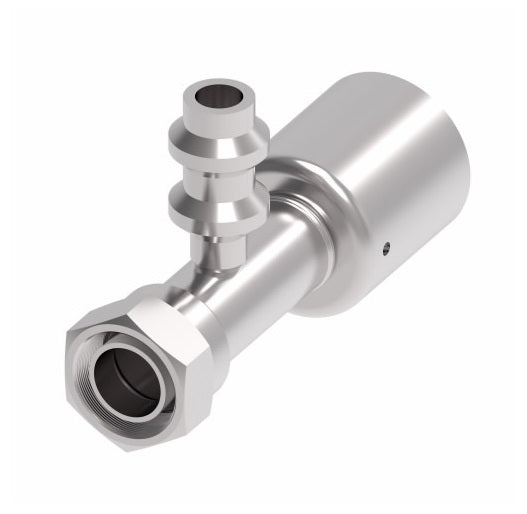 75706E-Z57 Weatherhead by Danfoss | 757 'E' Series | Female Bumped Tube O-Ring Swivel with R134a High Service Port Crimp Fitting | -06 Female Bumped Tube O-Ring x -05 Hose Barb | Steel