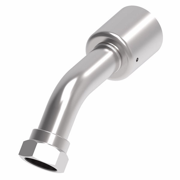 75708E-W49 Weatherhead by Danfoss | 757 'E' Series | Female Bumped Tube O-Ring Swivel Tube 45° Elbow Crimp Fitting | -08 Female Bumped Tube O-Ring Swivel x -08 Hose Barb | Steel