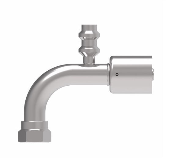 75708E-Z99 Weatherhead by Danfoss | 757 'E' Series | Female Bumped Tube O-Ring Swivel Tube 90° Elbow with R134a High Service Port Crimp Fitting | -08 Female Bumped Tube O-Ring Swivel x -08 Hose Barb | Steel