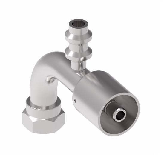 75712E-Z01 Weatherhead by Danfoss | 757 'E' Series | Female Bumped Tube O-Ring Swivel Tube 90° Elbow with R134a Low Service Port Crimp Fitting | -10 Female Bumped Tube O-Ring Swivel x -10 Hose Barb | Steel